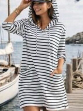 Chico's Black & White Striped Hooded Cover-Up Dress
